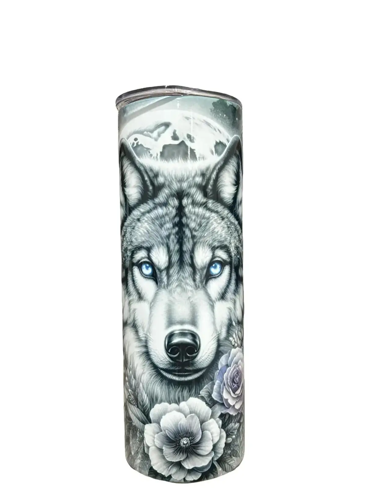 Moon Flower Wolf - Side 1 - 20oz oz 20 oz. 20oz. - Skinny Straight Sublimation Tumbler - Amy's Tumbler Junkies - Your Favorite Tumbler Shop!