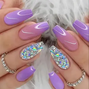 48pcs Purple Gradient Rhinestone False Nails Set, Ballet Shape, Medium Length, Color Block & Sparkling Finish, for Women's Daily Wear.Includes Nail Kit (jelly Glue And Nail Files)