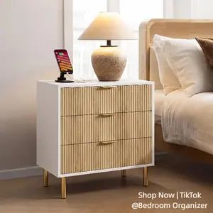 SA-Modern 3 Drawer Dresser, Fluted Nightstand with Gold Handle and Large Drawer, Wood Storage Organizer, Nightstands for Bedroom, Large Storage Cabinet for Living Room, Bedroom, Hallway, Entryway