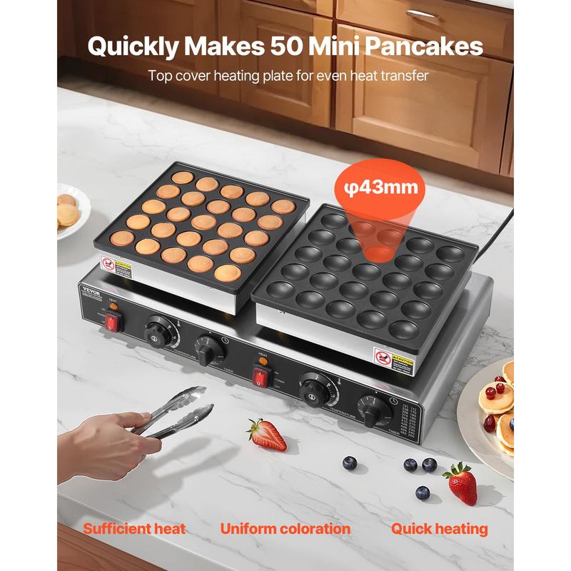 VEVOR 50PCS Mini Dutch Pancake Maker, Non-stick Stainless Steel Dorayaki Baker, 1800W Commercial Electric Poffertjes Grill Pan, Dual Temp & Time Control, for Kitchen Restaurant Breakfast Dessert