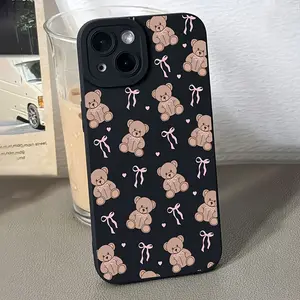 1 piece black matte phone case with bow and bear pattern, thickened and shockproof TPU phone cover, suitable for iPhone 11, 16PROMAX, 16PRO, 16, 15PROMAX