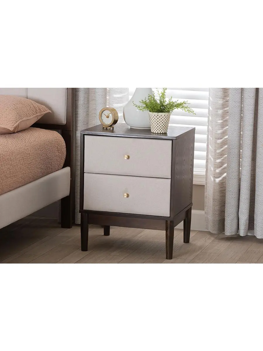 Baxton Studio Nikolai Mid-Century Fabric & Wood 2-Drawer Nightstand Table, Beige & Wenge Brown Bedside Cabinet (193271449446)