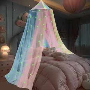Colorful Princess Bed Canopy for Girls with Glow in The Dark Stars, Rainbow Canopy Net Fits Most Single, Twin, Full and Queen Size Bed, Room Decor, Kids Bedroom Accessories
