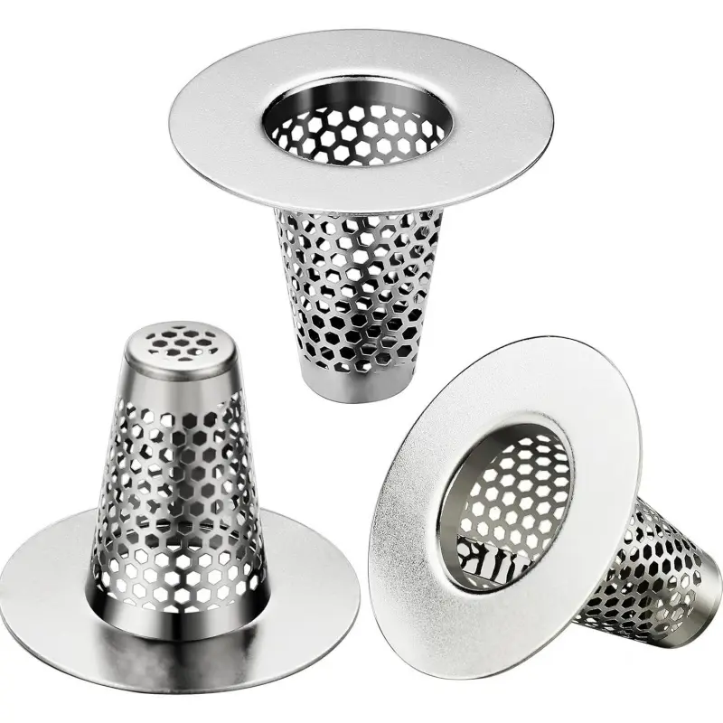 3COUNT Stainless Steel Sink Drain Strainer & Hair Catcher - Fits 1.2"-1.6" Drains (1.2"-1.6" Depth Minimum), Includes 1 Small Conical Premium Cover for Bathroom, Laundry Sinks, Fits Drains