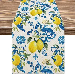 Lemon Table Runner Summer Blue Tiles Lemons Kitchen Dining Table Decoration Italian Lemons Table Cover for Indoor Outdoor Home Party Supplies, 13 x 72 Inch