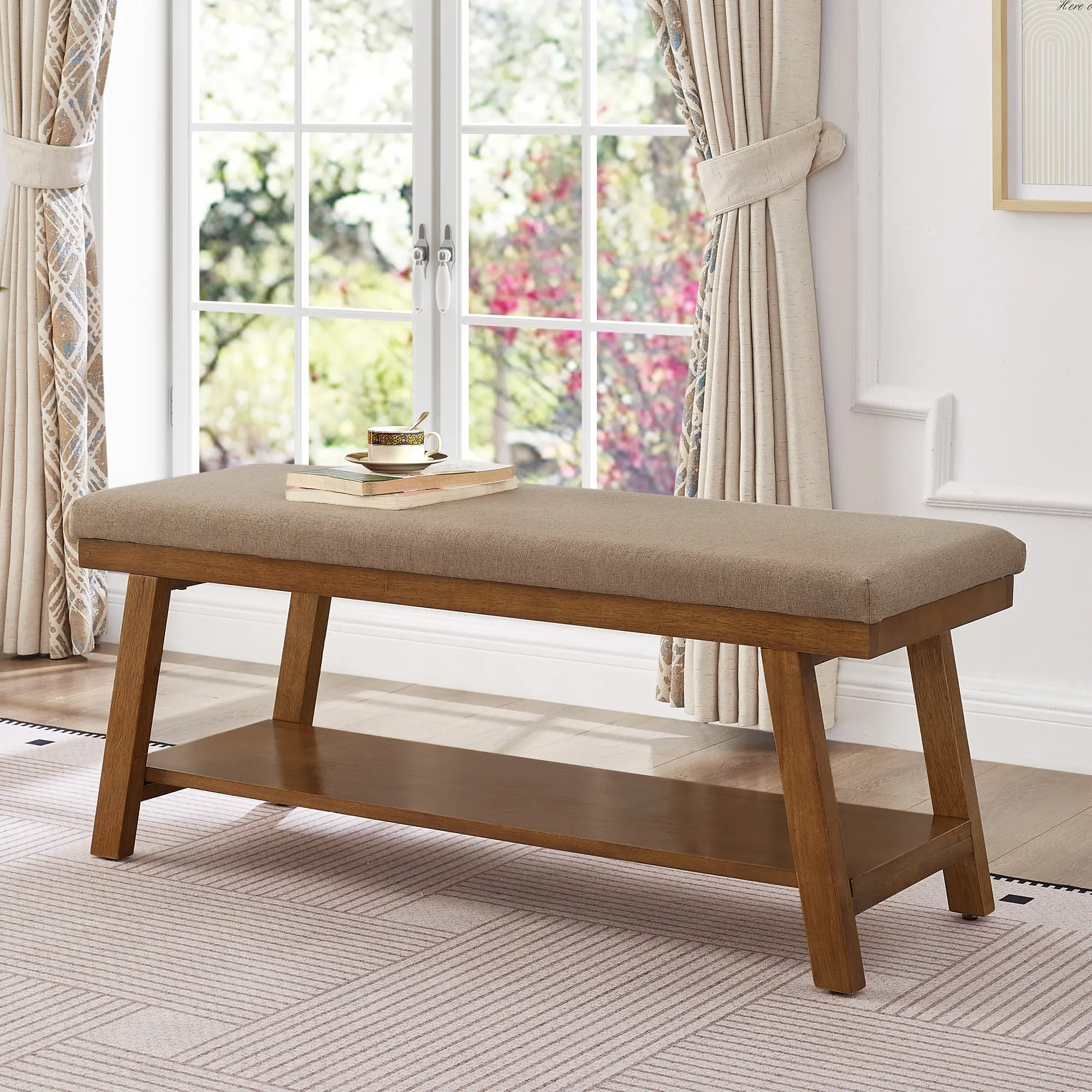 Cushioned Storage Bench with Linen Upholstery and Wood Base, 350 lbs Capacity, Open Shelf, Modern Entryway or Bedroom Seat, Linen Color