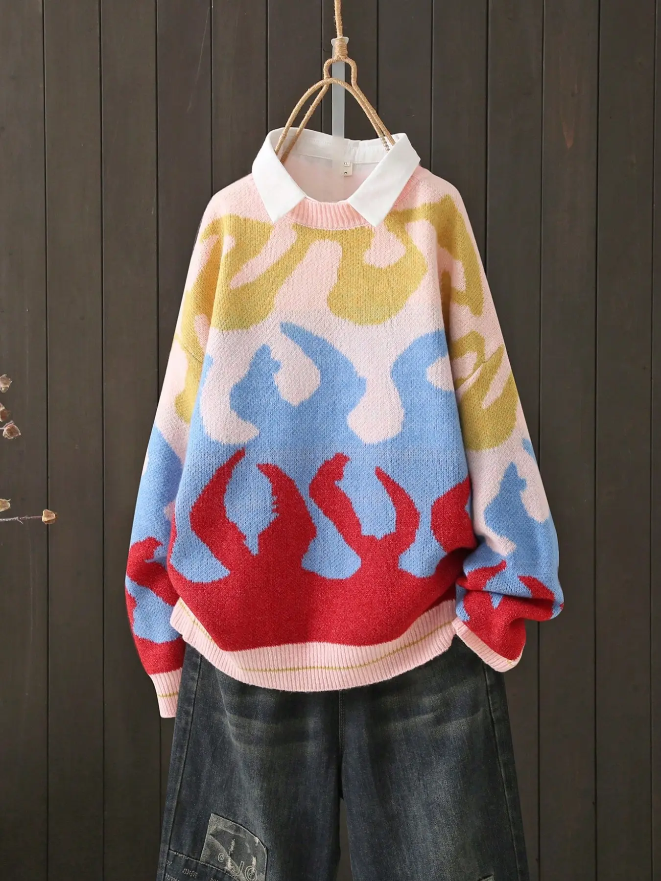 Women's Fall Winter Plus Size Round Neck Pullover Knit Sweater, Colorblock Design, Long Sleeve, Casual Fashion