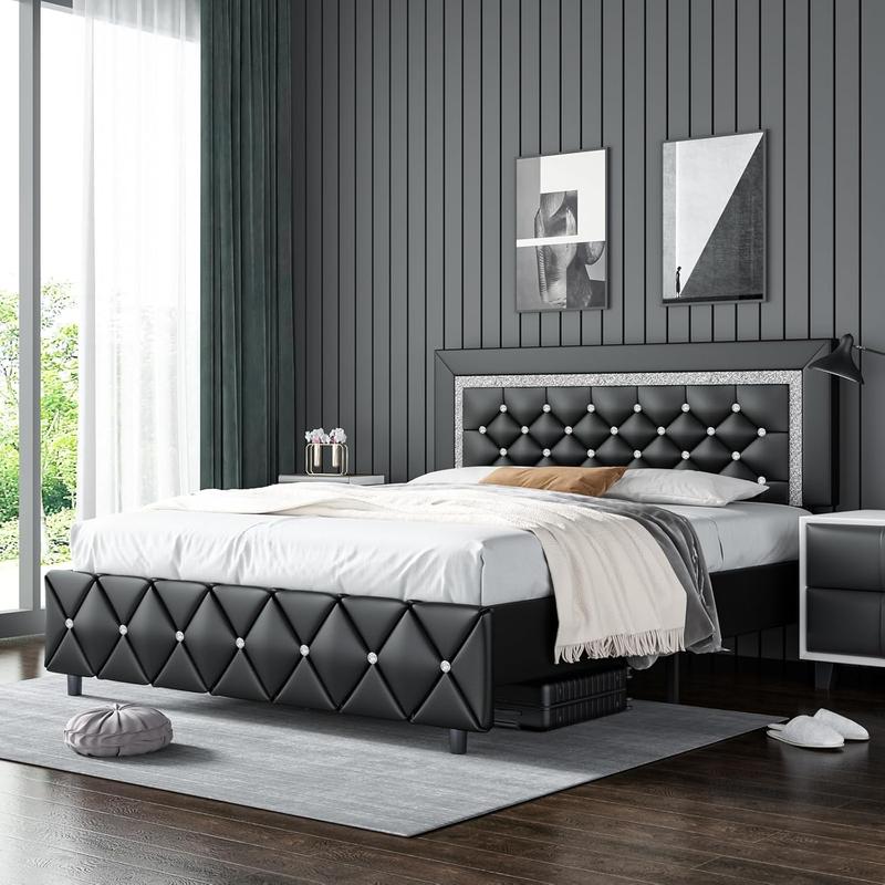 HOMBCK Diamond Bed Frame, No Mattress, Comfortable and Adjustable Headboard, Luxury Leather, Modern, Sturdy, No Box Spring Needed, Easy Assembly