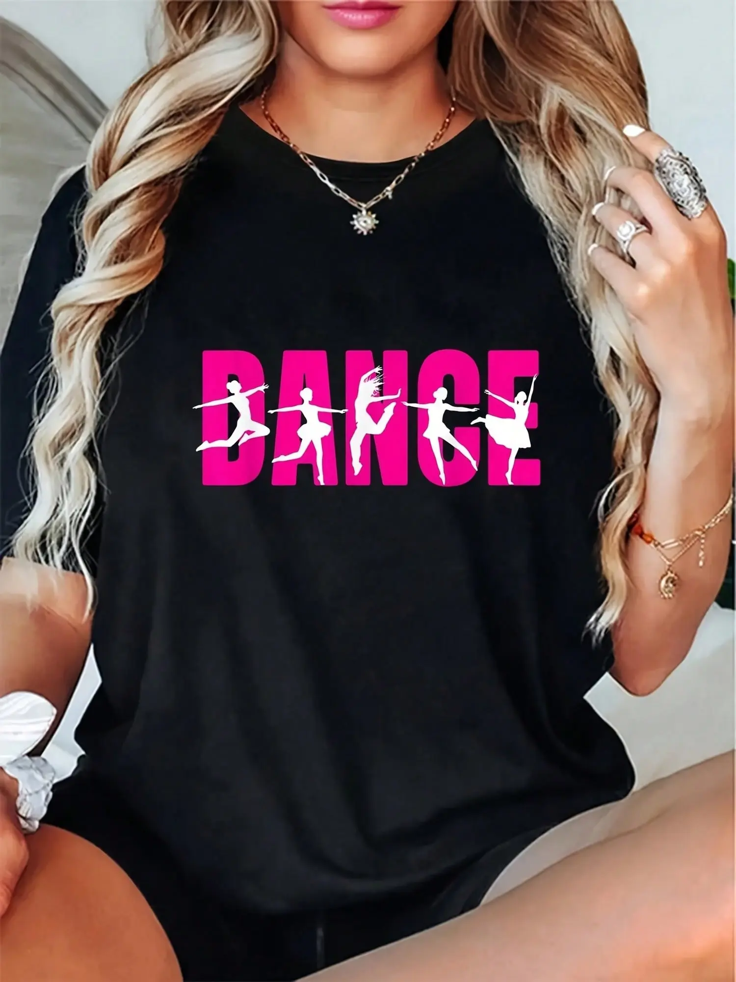 Plus Size Womens Dance Graphic T-Shirt - Bold PINK DANCE Letters Bird Motifs - Soft Everyday Tee For Dance Practice Perf