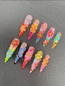 Luxury 3D Floral Press-On Nails | Reusable Nail Set | Glossy Rhinestone Design | Blossom Lush Lips & Hair