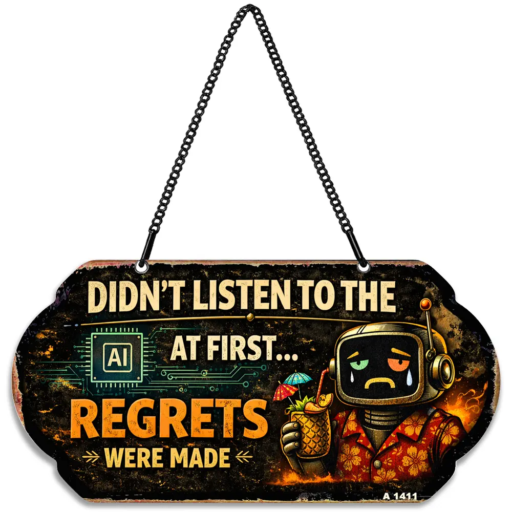 Didn't Listen to the AI at First Regrets Were Made Sign, 10x5" Funny Sad Robot Metal Hanging Plaque with Chain, Heavy Duty 50 Mil Aluminum Geek Office Decor, Tech Humor Wall Art, 1-Pack