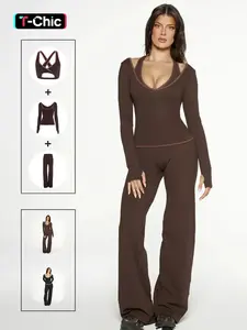Women's Fashion Patchwork Colorblock Strap Top & Fitted Long Sleeve Shirt & Wide Leg Pants Set, Comfortable Casual Matching Set for All Seasons, Clothes, Womenswear