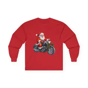 Biker Tee, Christmas Motorcycle Shirt, Santa Rider Top, Holiday Motocycle Apparel, Festive Motorbike Long Sleeve, Unisex Cotton Tee