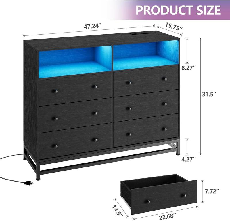 6 Drawer Dresser for Bedroom, Wide Wood Black Dressers Drawers with Led Lights and Power Outlets, Big Storage Dressers for Bedroom, Sturdy Modern Bedroom Dresser with Handle, Anti-Tilt Devices