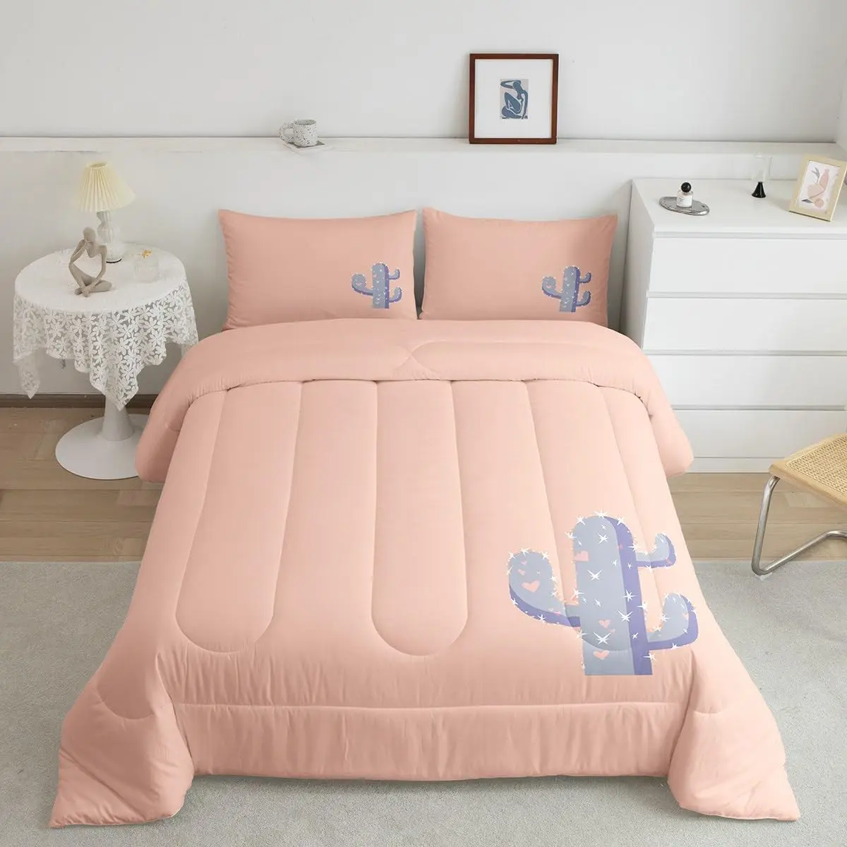 Blush Pink 3D Floral Succulent Cactus Boho Duvet & Comforter Set - Exotic Botanical Designer Bedding, Breathable Quilt, Luxury Natural Room Decor
