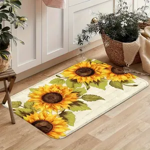 Sunflower Kitchen Doormat, Cream Background with Vibrant Watercolor Sunflowers & Green Leaves Print, Non-Slip Backing. Absorbs Dirt & Moisture, Easy to Clean. Perfect for Farmhouse & Rustic Entryway Decor