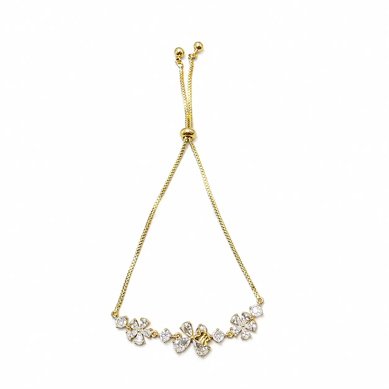 Gold-Tone Triple Butterfly Adjustable Slider Bracelet with Clear Decorative Accents for Women