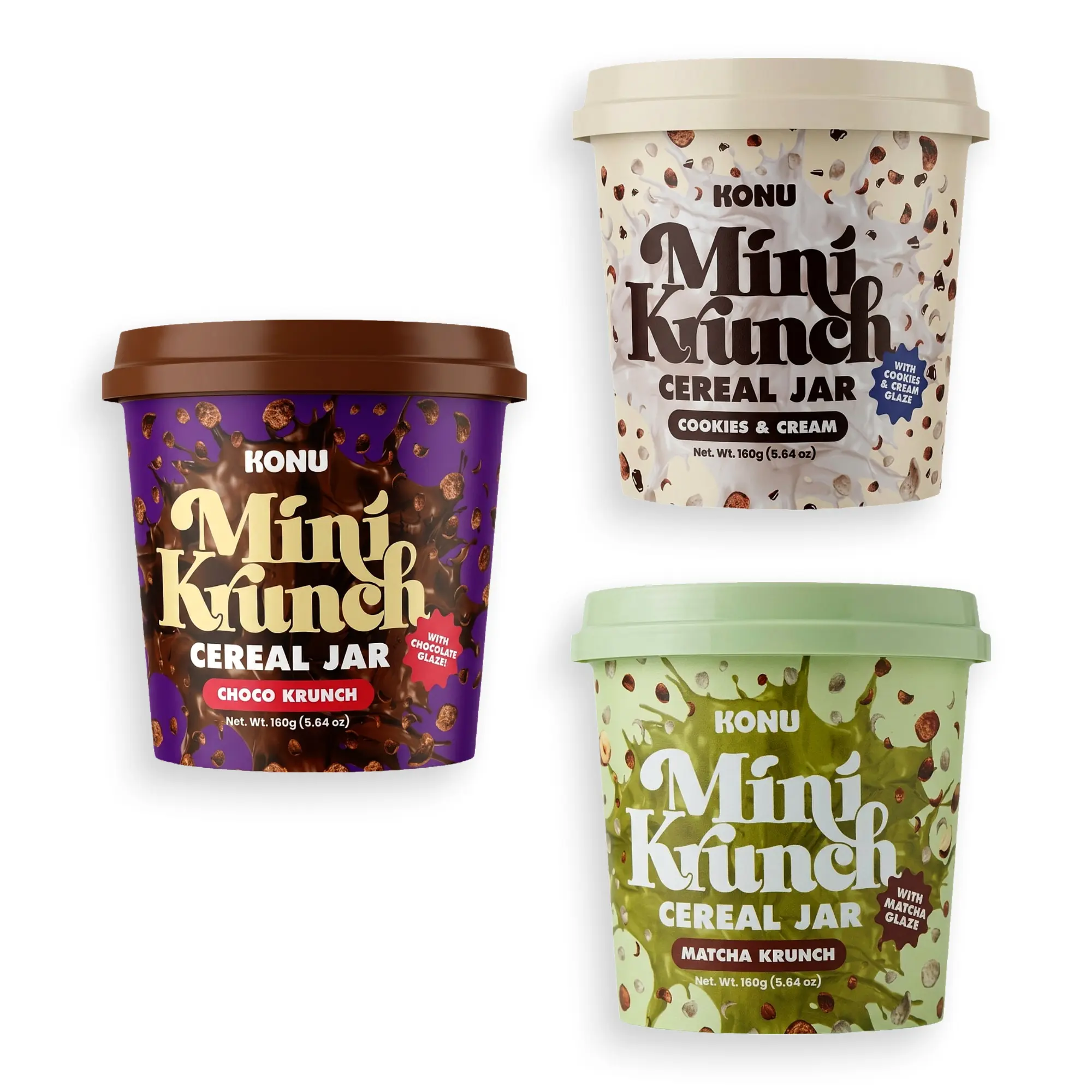 KONU Mini Krunch Breakfast Cereal Jars - 160g, Cocoa (Choco), Cookies & Milk Cream, Matcha Flavors