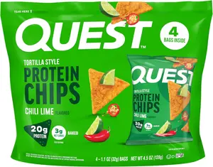 Quest Nutrition Chili Lime Tortilla Style Protein Chips, 20g Protein, 3g Net Carbs, Low Carb, Gluten Free, 1.1 oz (Pack of 4)