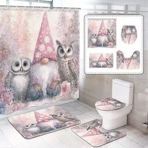 Christmas Dwarf Owl Floral Print Shower Curtain Set, Includes 12 Hooks, Bath Mat, U-Shaped Floor Mat, Toilet Seat Cover, Home Bathroom Decor
