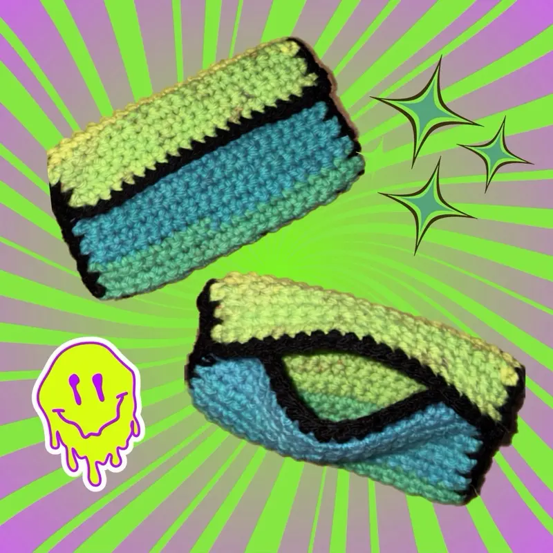 Acid Spill credit card holder- Crochet Design with Green, Blue, and Black Colors