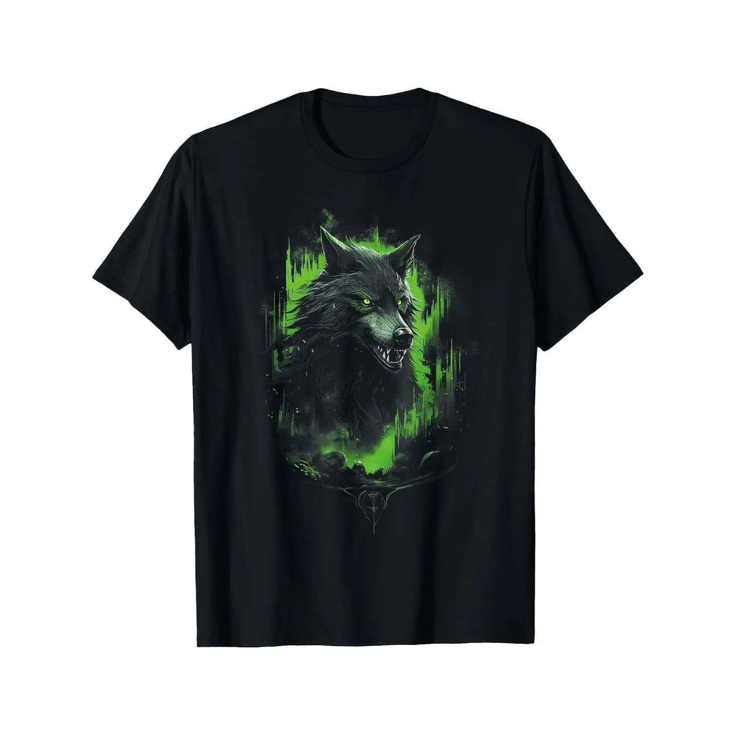 Men's Menswear Round Neck Short-Sleeve Cotton T-Shirt, Terrifying Fantasy Forest Wolf Graphic Crew Neck Top, Machine-Washable for Casual Daily Wear