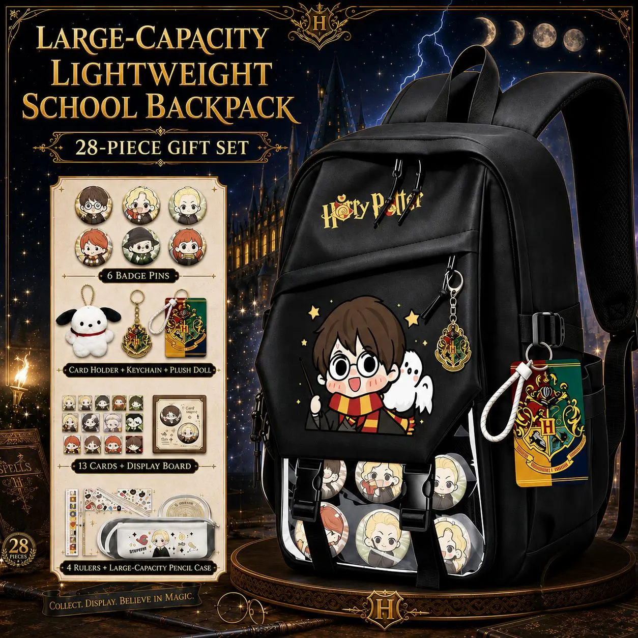 Harry Potter Backpack, Large Capacity School Bag, Cartoon Graphic Print, Clear Badge Display Pocket, Multi-Zip Compartments, Padded Shoulder Straps, Student Bookbag for Teens, Travel & Cosplay Gift,bookbag,school backpack, multiple style,pencil bag,Mini,,