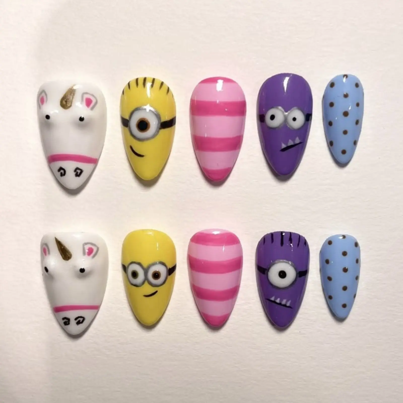Cute Unicorn & Purple Monster Press-On Nails, Cute Colorful Cartoon Nail Art