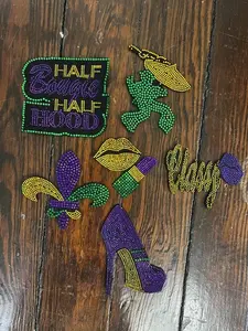 MARDI GRAS BOUGIE 7 PATCH SET with Iron On Heat Press, Includes Various Graphics and Decorative Elements