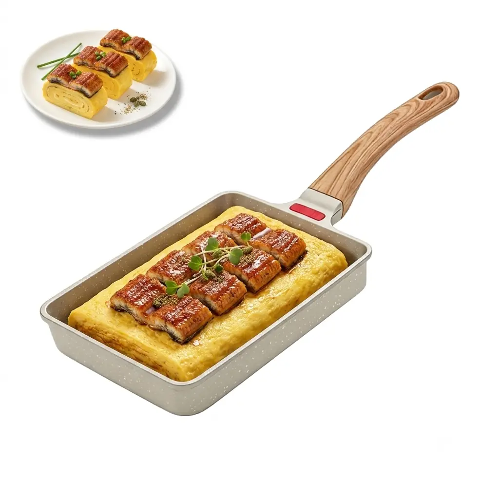 Japanese Tamagoyaki Nonstick Rectangular Frying Pan, Cookware with Heat-Resistant Wooden Handle for Breakfast