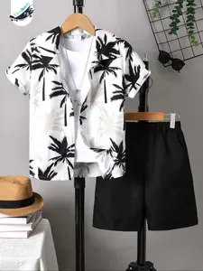 Two-Piece Set Boy's Plants Print Short Sleeve Shirt & Elastic Waist Shorts, Casual Summer Clothes Sets for Kids Outdoor Holiday Vacation Clothing Set