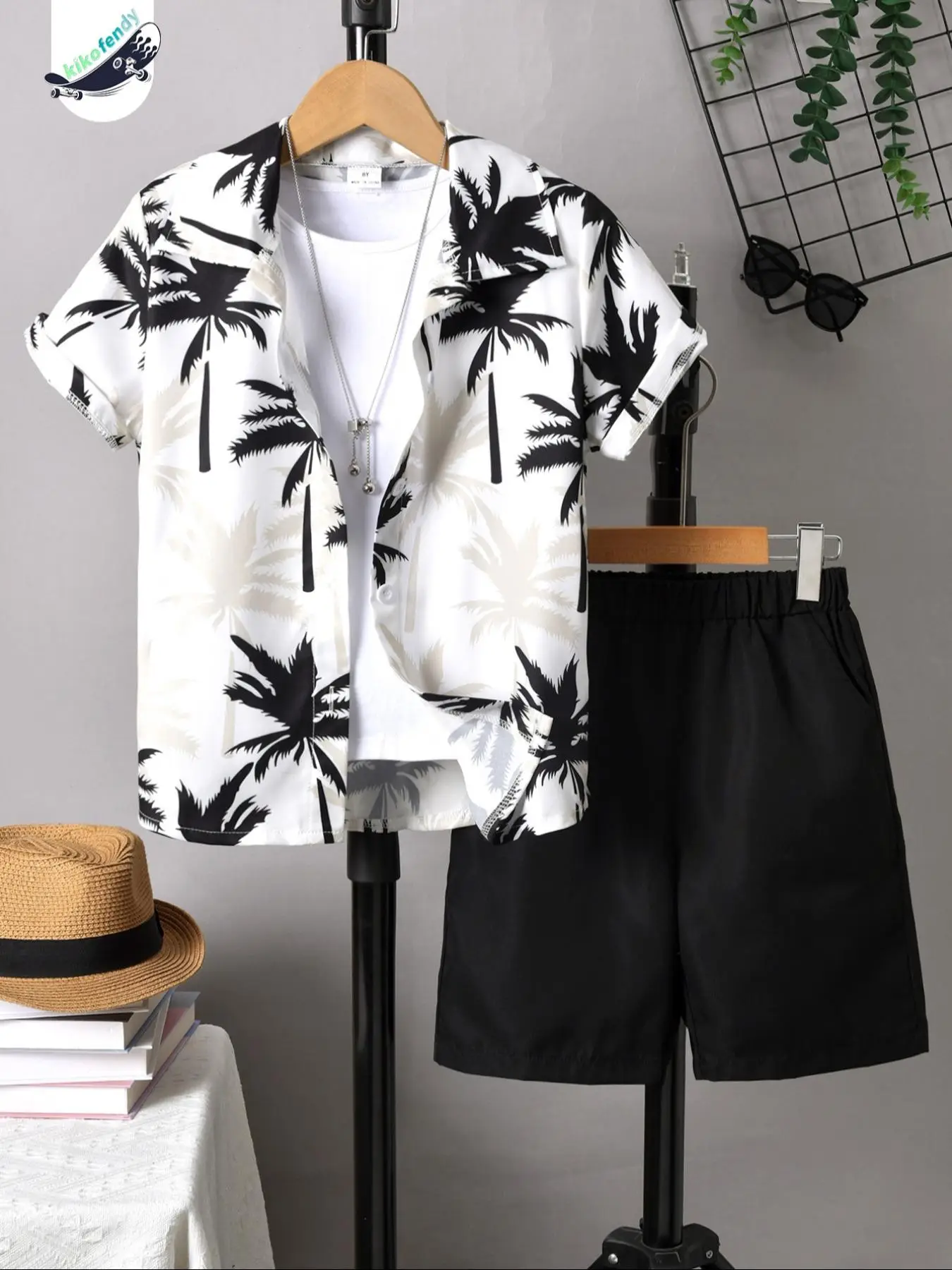 Two-Piece Set Boy's Plants Print Short Sleeve Shirt & Elastic Waist Shorts, Casual Summer Clothes for Kids Outdoor Holiday Vacation