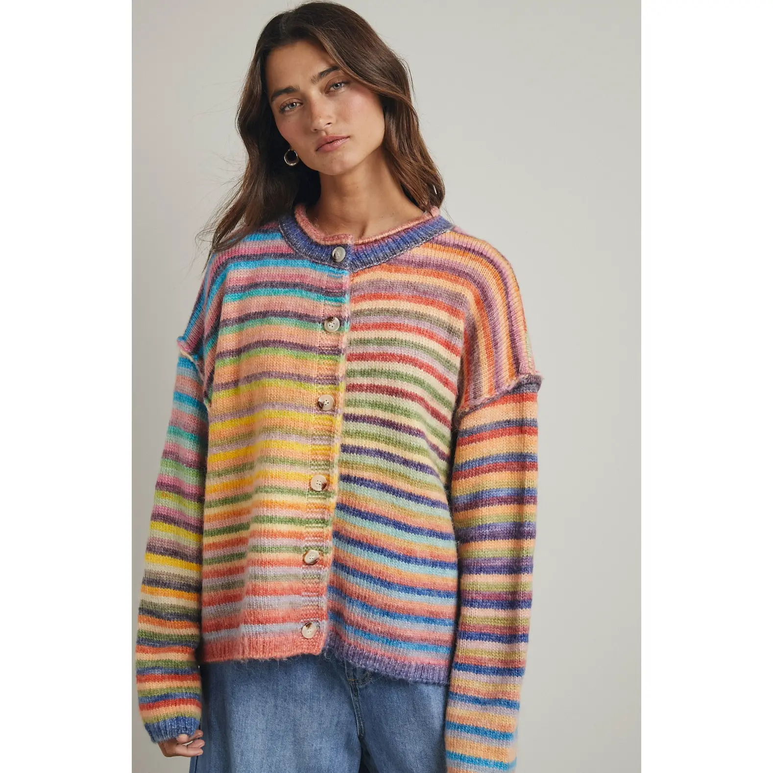 Rainbow Button-Up Knit Sweater Cardigan