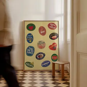 Vintage Fruit Sticker Poster Art Trendy Kitchen Print Retro Food Art Modern Kitchen Art Fruit Poster Printable Art Kitchen Wall Decor