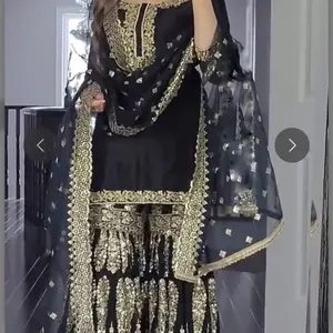 Black with Gold Work Sharara Pakistani Dress for Women Comfortable Top & Pants Ensemble - Womenswear, Clothes