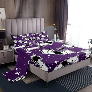 Halloween Sheet with 16 Inch Deep Pockets,Black Bats Animal Print Silhouette Bedding,Happy Holiday Cute Star Print Luxury Bed Sheets Set