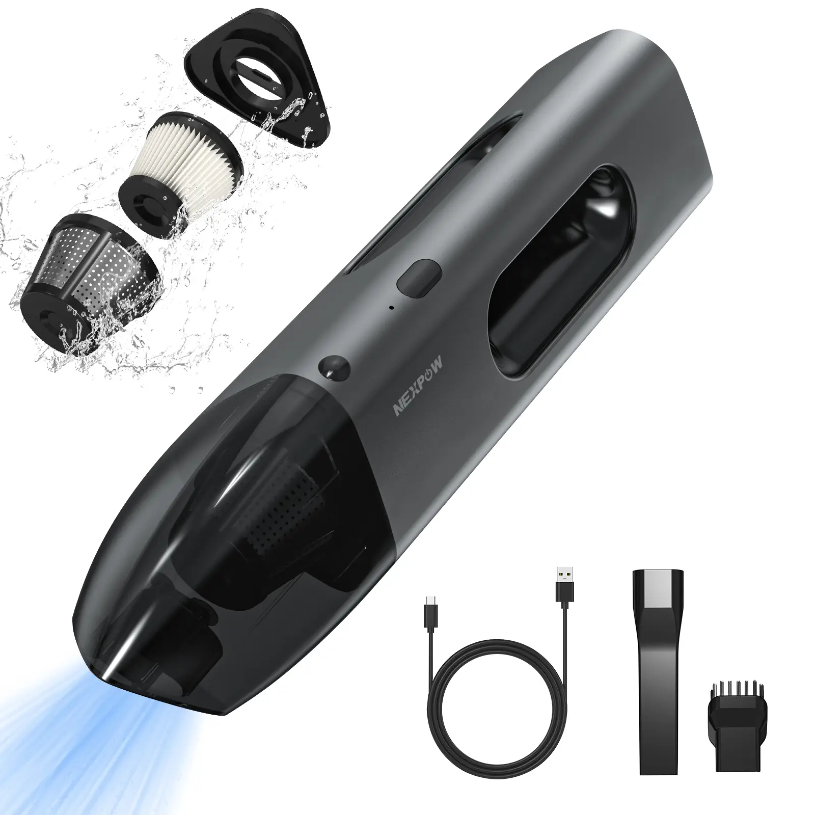 NEXPOW Car Vacuum Portable Car Vacuum Cleaner High Power 8000PA,Compact Hand Vacuum Cordless Rechargeable in Gray Aluminum Alloy,Hand held Vacuum Cord