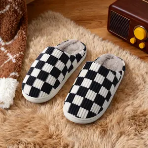 Men and Women Checkerboard Plush Slippers - Cozy Fleece-Lined Adult Indoor House Shoes with Non-Slip Sole, Black and White Checkered Pattern
