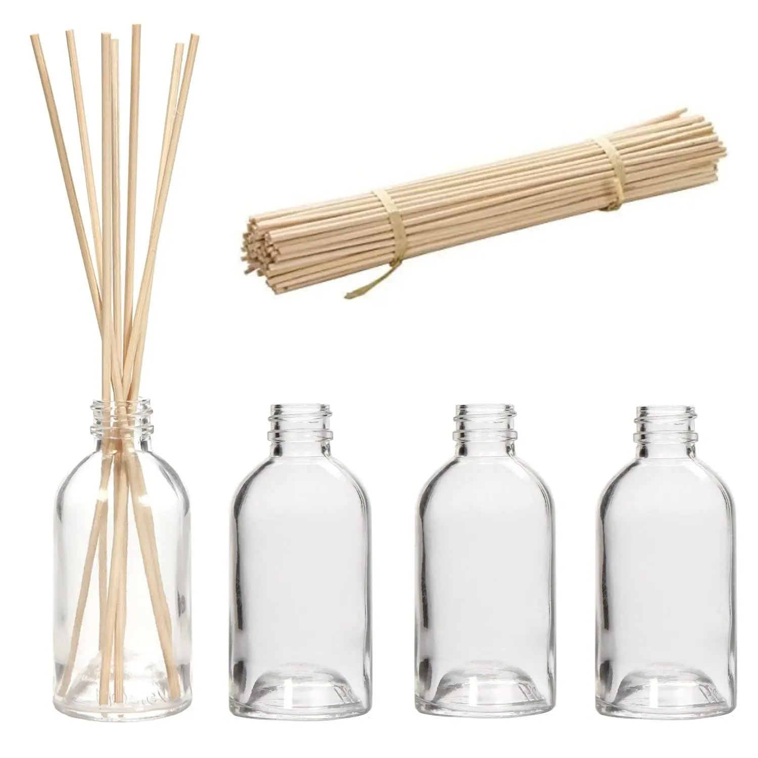 Set of 4 Glass Diffuser Bottles with Bulk Pack of 100 Rattan Diffuser Reeds - 85ml