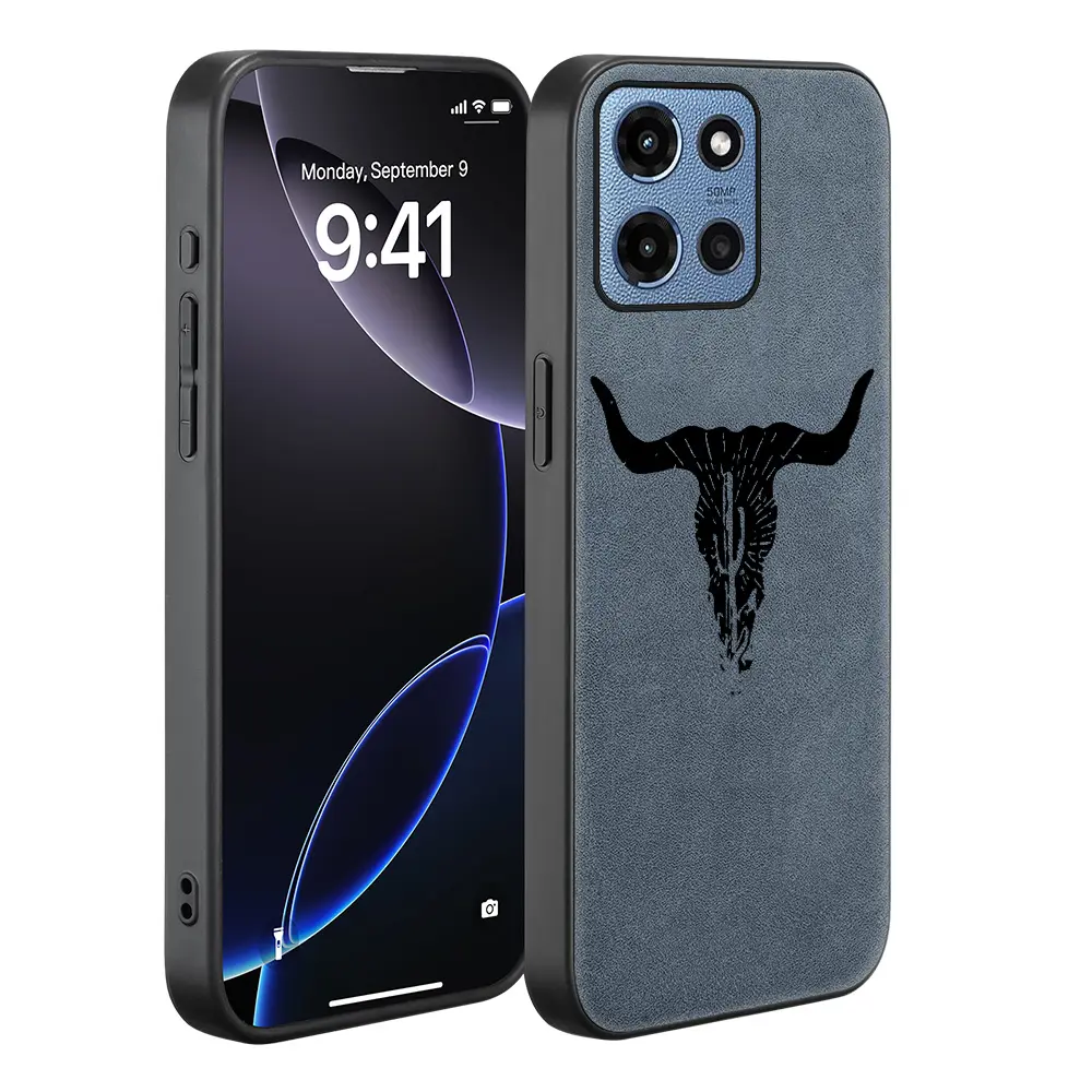 Luxury Artificial Leather Phone Case with Longhorn Skull, Protective Shockproof Cellphone Casing, High-Quality Cellphone Accessories for MOTO G86 Power, G Power 2025, G 2025, G 5G 2024, G Play 2024 5G, G Stylus 5G, Edge 60 Pro, Fusion