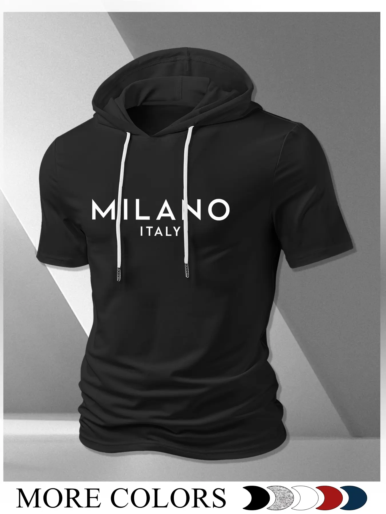 Casual Italian Style Milano Italy Hooded Short Sleeve Fitted Pullover Top, Knit, Multi-Color Versatile, Durable Print, Summer Fashion Essential, Everyday