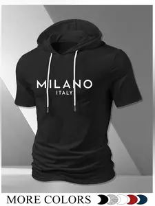 Casual Italian Style Milano Italy Hooded Short Sleeve Top, Multi-Color Versatile, Durable Print, Summer Fashion Essential