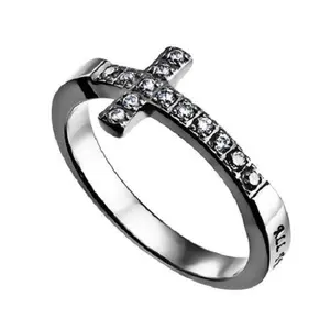 CHRIST MY STRENGTH Ring Bible Verse, Sideways Cross Stainless Steel with Clear CZ Stones