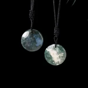 Natural Moss Agate Round Pendant – Hand-Polished Crystal Necklace with Peaceful Energy & Botanical Patterns
