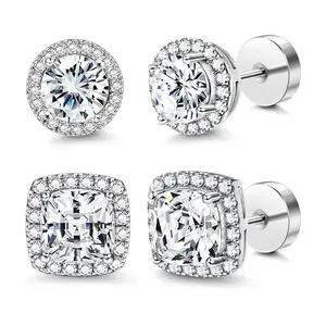 Luxury Zircon Stud Earrings, Micro-Pave Halo 4-Piece Set with Flat-Head Pain-Preventing Screw Backs for Daily Commute and Date Dinners, Gift for Women