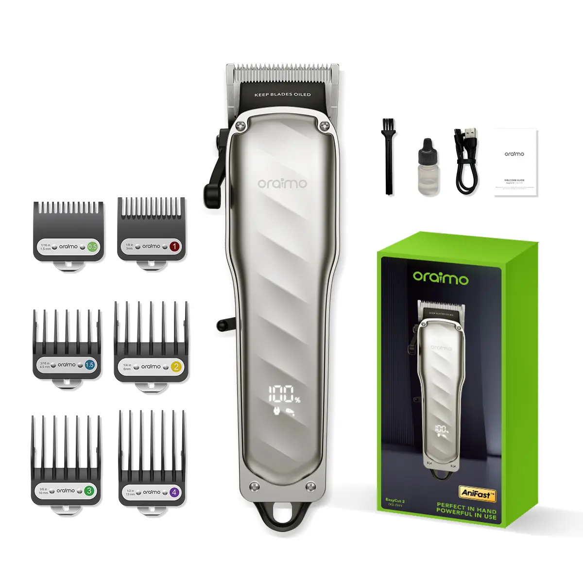 Oraimo Cordless Hair Clippers for Men, 7000RPM Real Motor Fast Charging, Zero Gap Blade, Durable Guide Combs, LED Display Professional Barber Trimmer for Fades & Beard