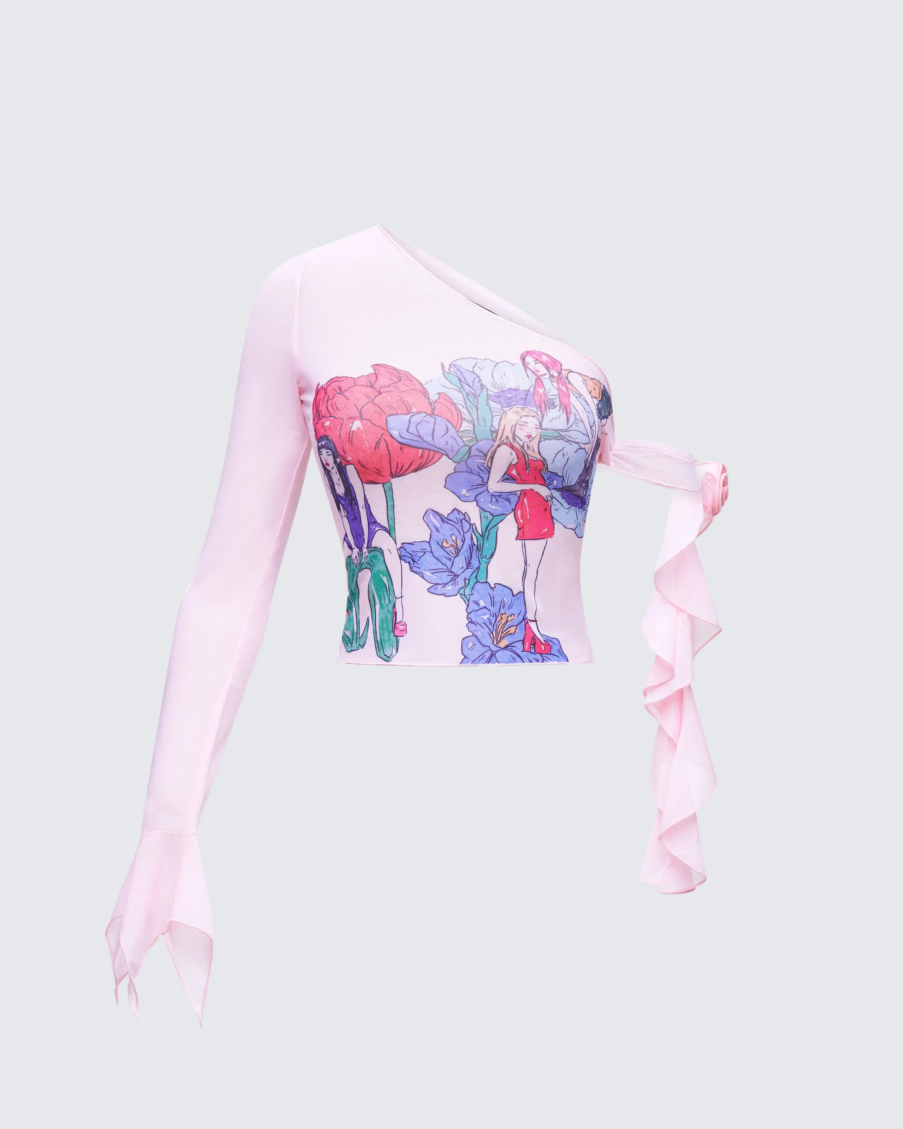 Sylphine Pink Printed Mesh Asymmetric Top