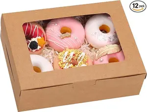 12pcs 8x6x2.5 Inches Brown Bakery Boxes with Window, Cookie Boxes for Chocolate Strawberries, Donuts, Cupcakes, Muffins and Dessert