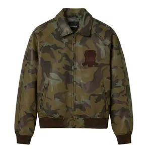 Men’s Camouflage Leather Bomber Jacket Military Style Zip Up Aviator Jacket