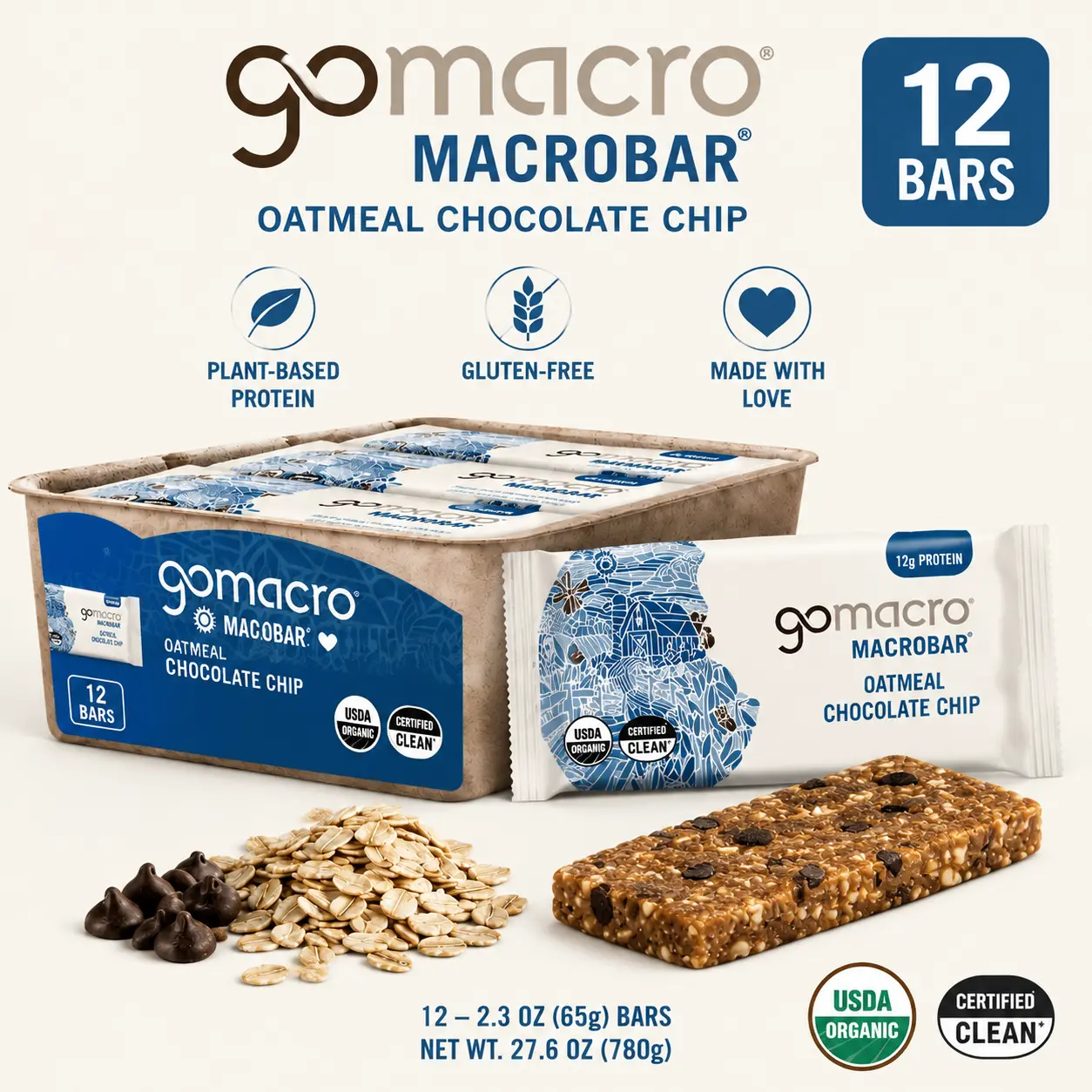 GoMacro Protein Replacement Bar Oatmeal Chocolate Chip 2.3 oz 12 Count  Organic Plant-Based Protein Bars | Vegan Gluten Free Snack Bars